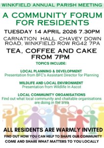 Annual Parish Meeting - Refreshments from 7.00 p.m. meeting begins at 7.30 p.m. @ Carnation Hall, Chavey Down Road, RG42 7PA